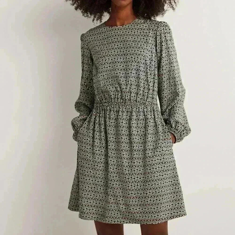 Boden Hunter Green Dandelion Pop Crew Neck Dress